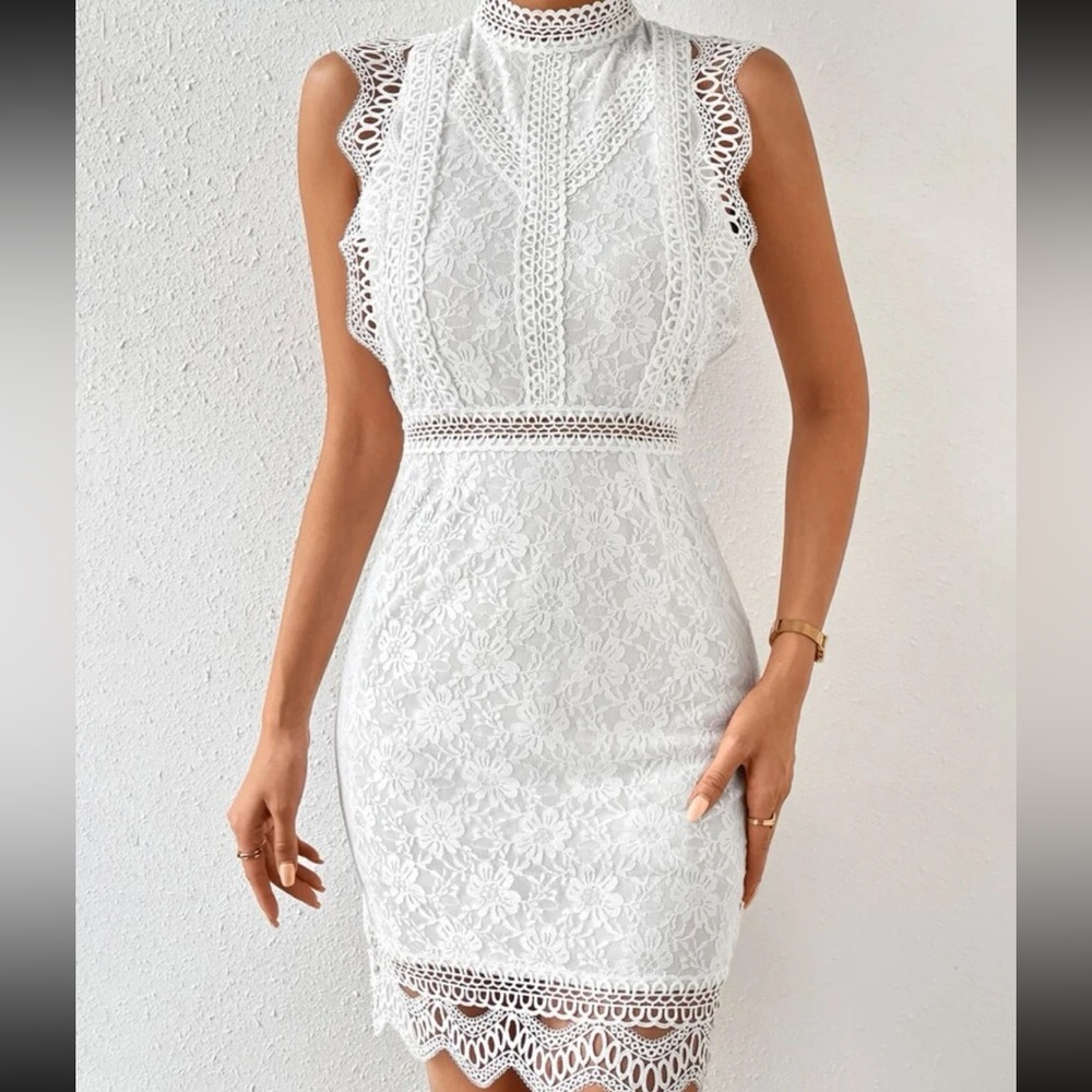 Guipure Lace Overlay Mock Neck Scallop Trim Dress